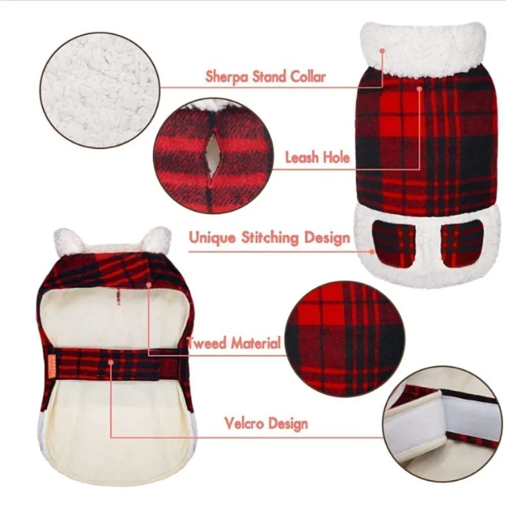 Dog Jacket Checked Plaid w/ Leash Hole, Winter Windproof Soft Lined